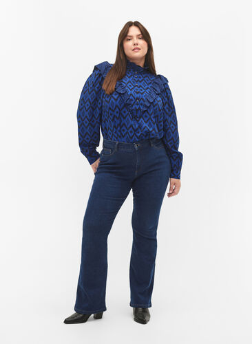Shirt blouse in viscose with frilled details, True blue w. Black, Model image number 3