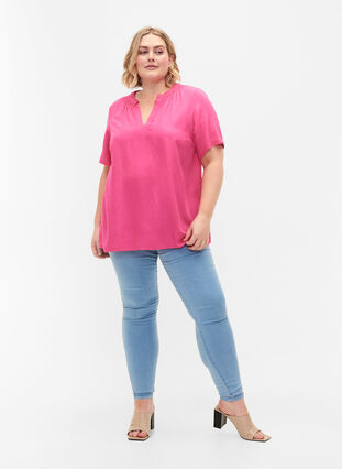 Short-sleeved viscose blouse with v-neck, Shocking Pink, Model image number 2