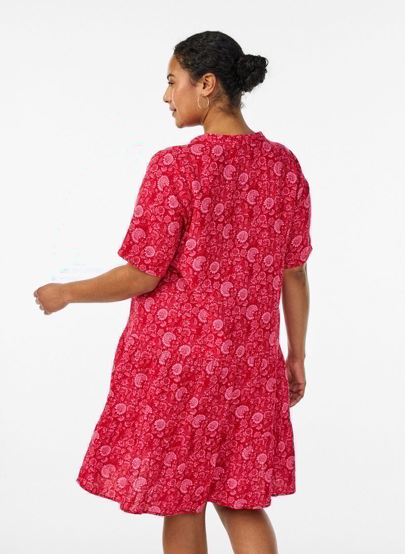 Short A-line dress in cotton muslin, Red, Model image number 2
