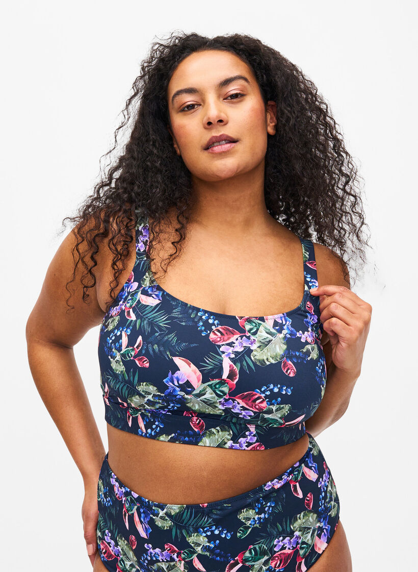 Printed bikini top with adjustable straps, Deep Palm AOP, Model image number 0