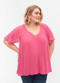  Plain top with batwing sleeves and V-neck, Shocking Pink, Model
