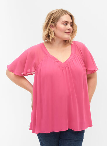  Plain top with batwing sleeves and V-neck, Shocking Pink, Model image number 0