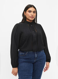 Viscose shirt blouse with ruffle collar, Black, Model