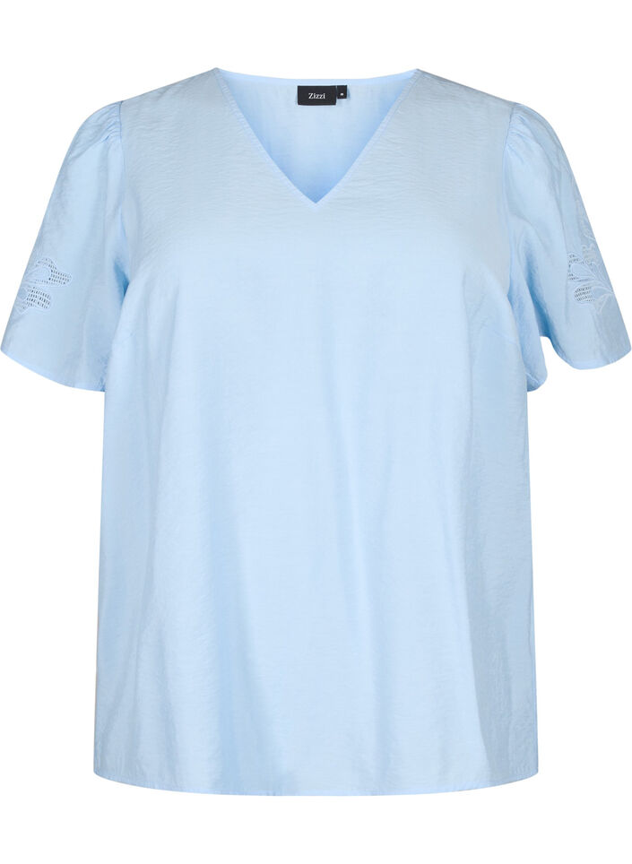 Short sleeve viscose blouse with embroidery, Light Blue, Packshot image number 0