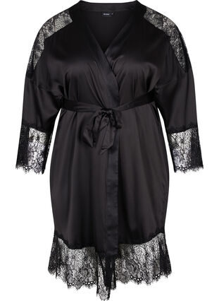 Dressing gown with lace details and tie belt, Black, Packshot image number 0