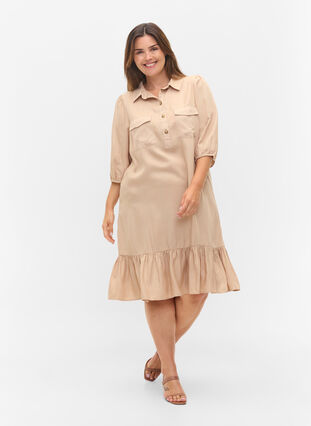Dress with ruffle trim and 3/4 sleeves, Humus, Model image number 2
