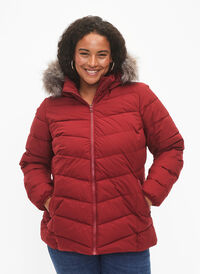 Short puffer jacket with hood, Pomegranate, Model
