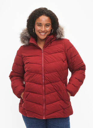 Short puffer jacket with hood, Pomegranate, Model image number 0