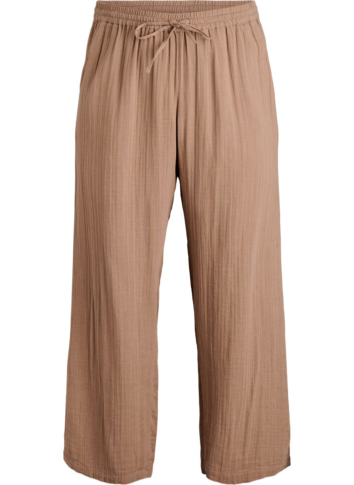 High-waisted cotton muslin trousers with loose legs, Brown, Packshot image number 0