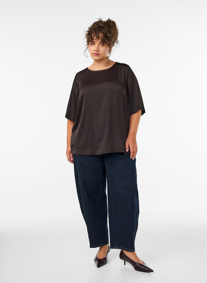 Satin blouse with elbow-length sleeves, Brown, Model image number 1