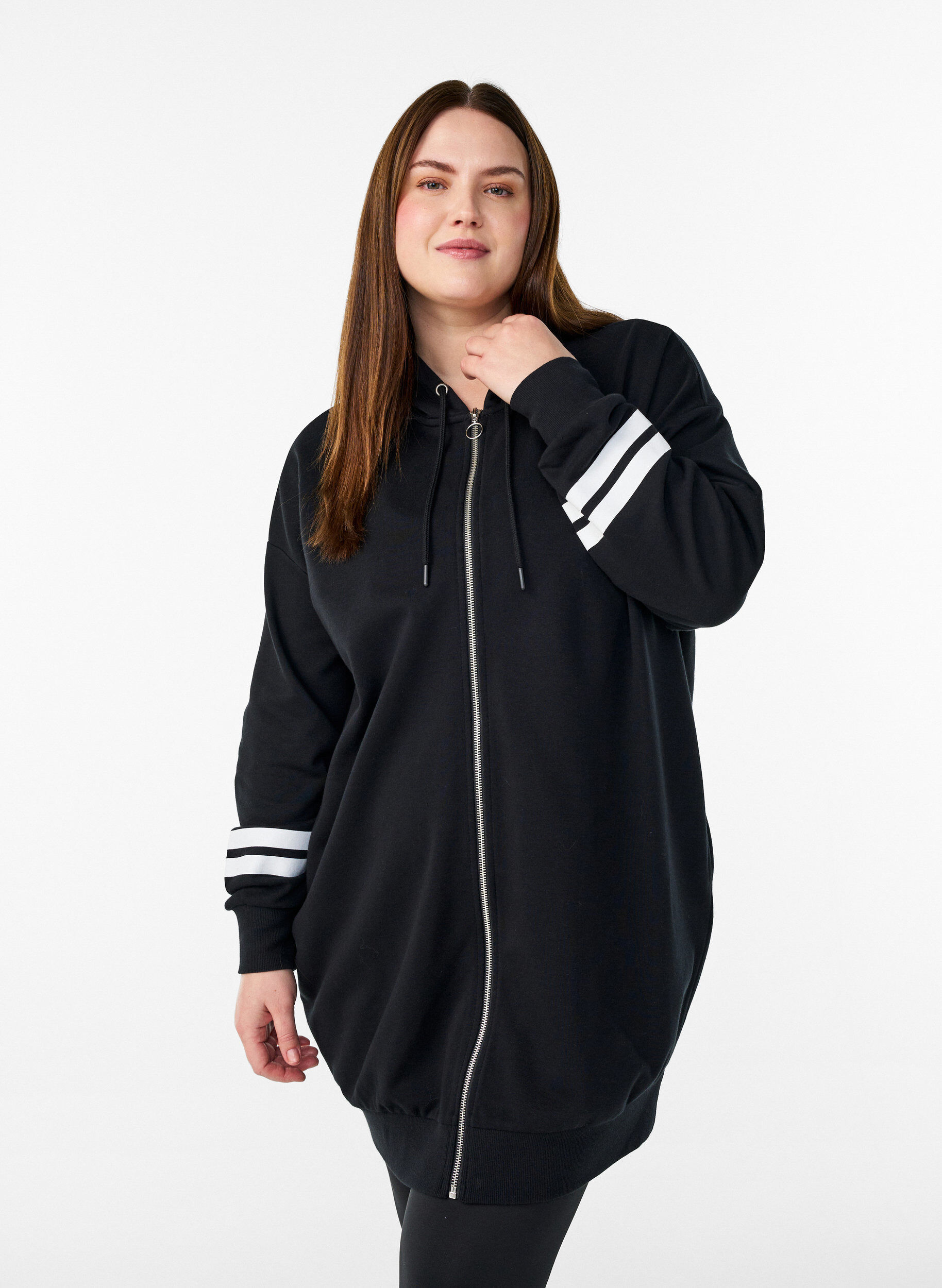 Long sweat cardigan with printed details, Black, Model