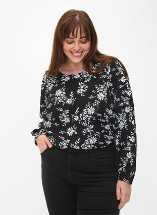 Blouse with puff sleeves, Black Flower AOP, Model image number 0