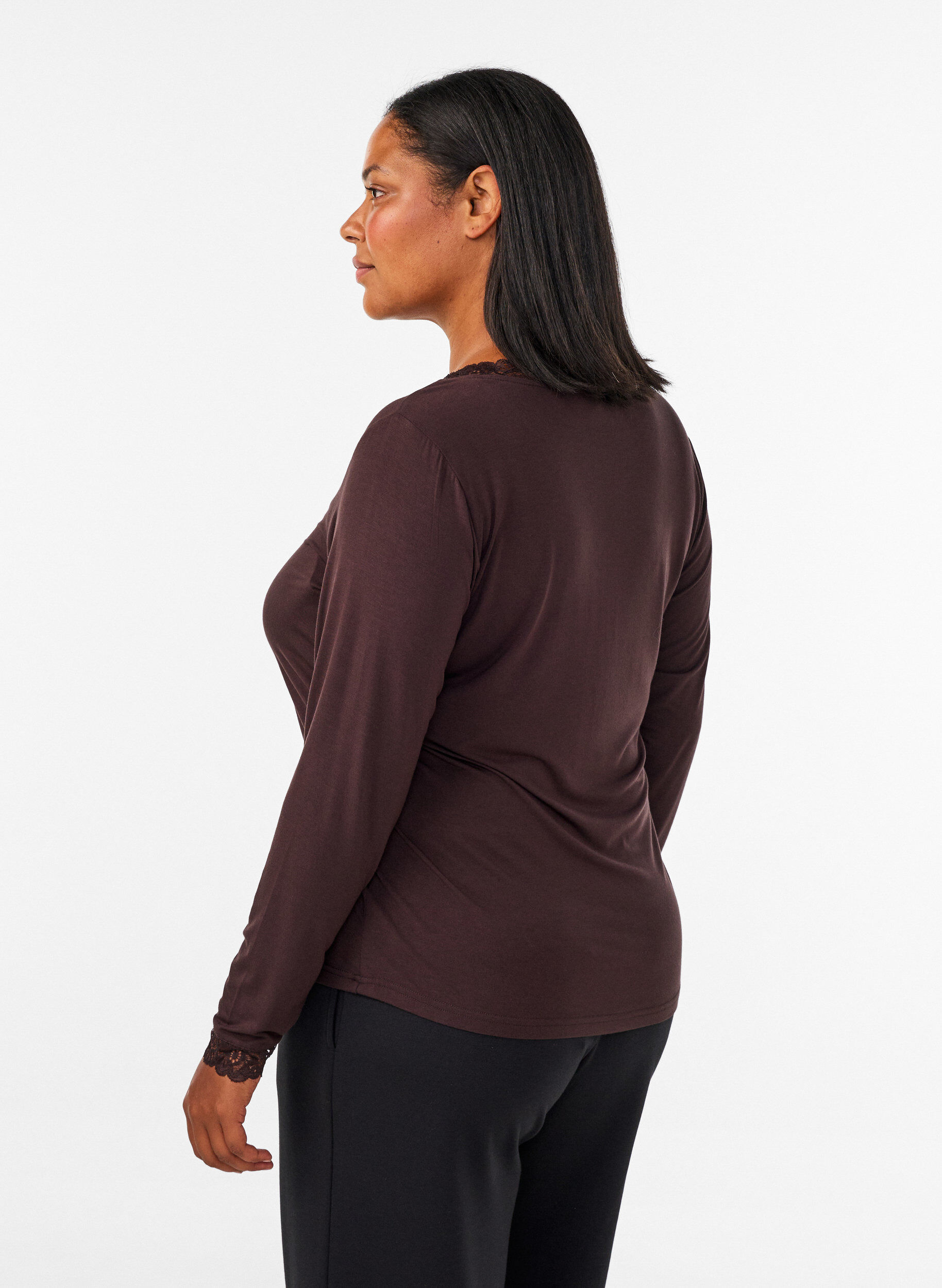 ZizzifashionViscose blouse with lace trim and V-neck, Brown, Model image number 2