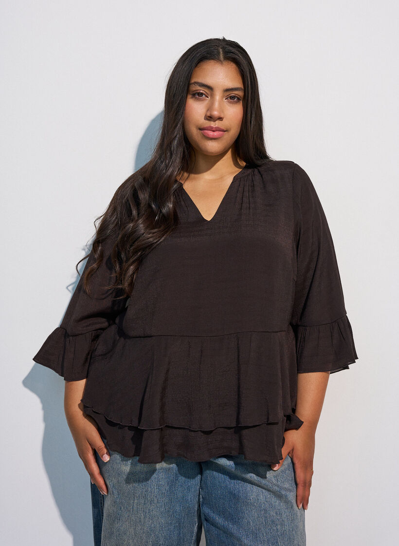 Blouse with 3/4-sleeves and ruffle details, Brown, Model image number 0