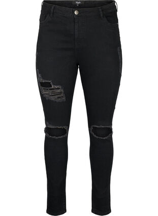 Tight-fitting jeans with rip details, Black, Packshot image number 0