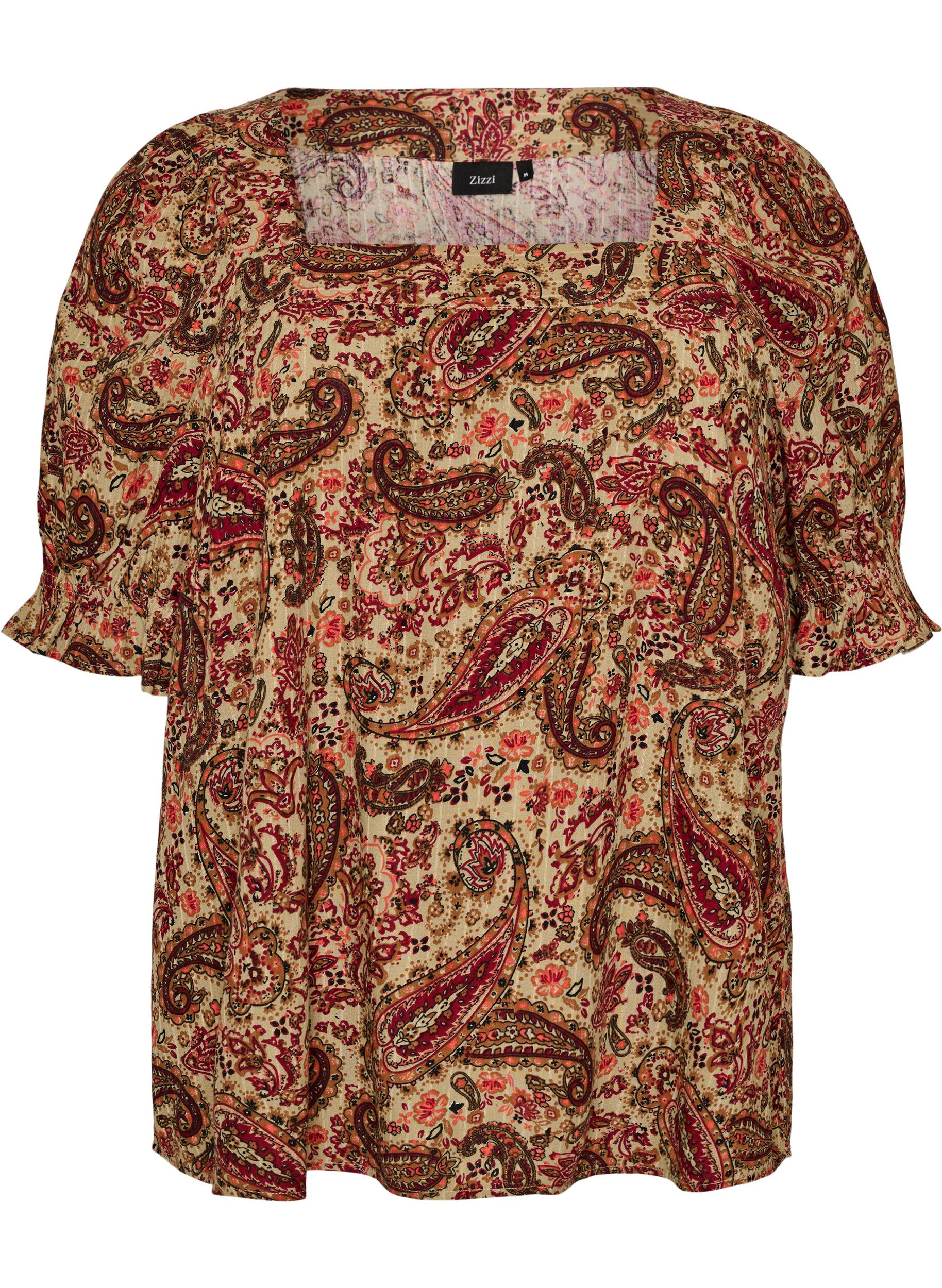 ZizzifashionViscose blouse with paisley print and a square neckline, Brown, Packshot image number 0