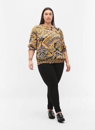 Printed top with smock and 3/4 sleeves, Yellow Aztec AOP, Model image number 2