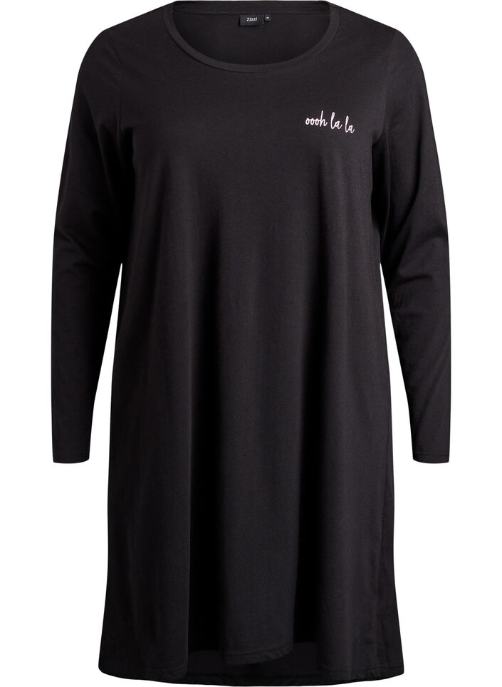 Long-sleeved nightgown in organic cotton, Black, Packshot image number 0