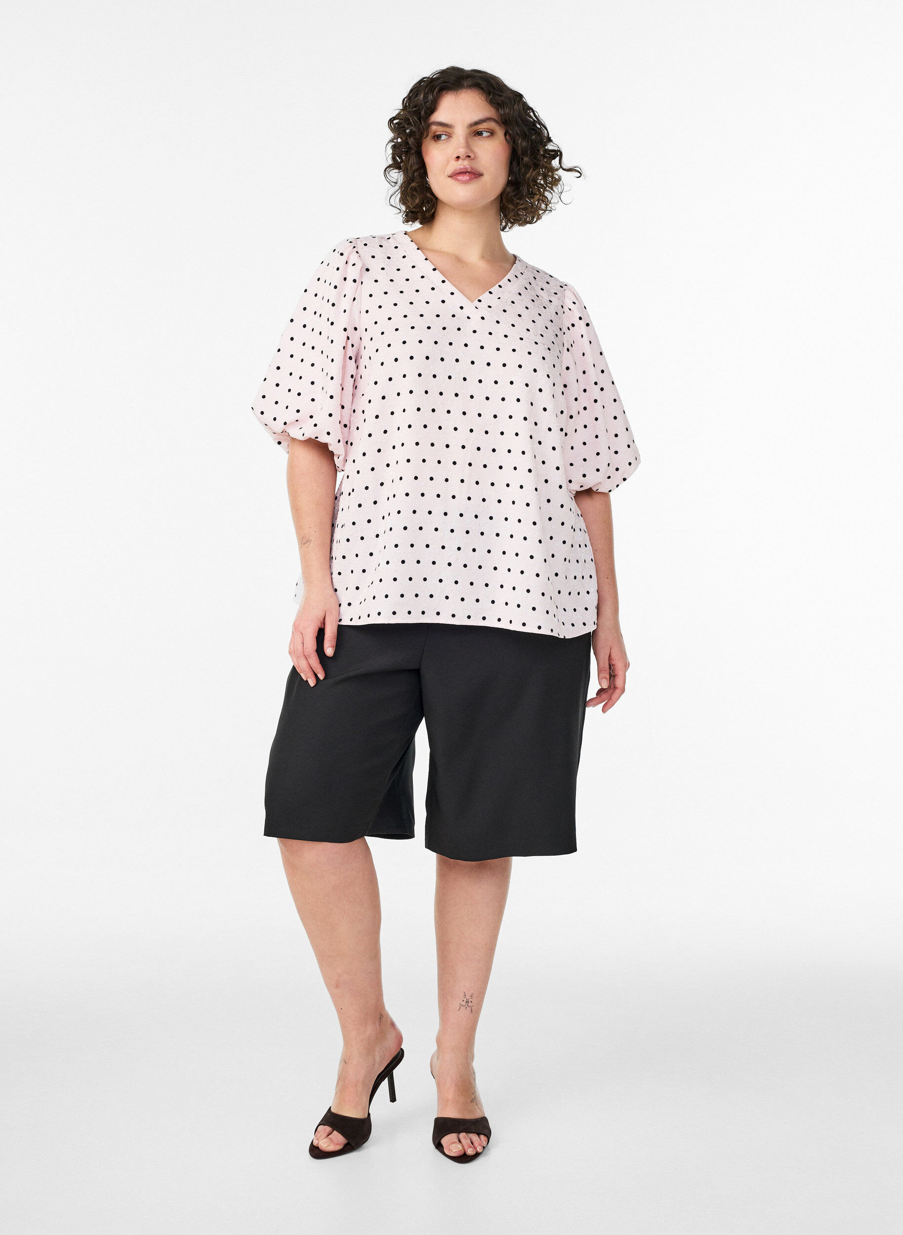 Zizzifashion Blouse with polka dot pattern and balloon sleeves, Pink, Model image number 1