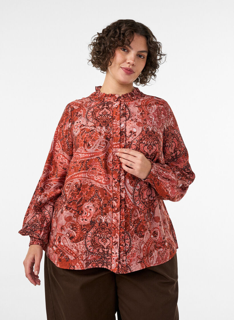Viscose blouse with paisley print and ruffles, Orange, Model image number 0