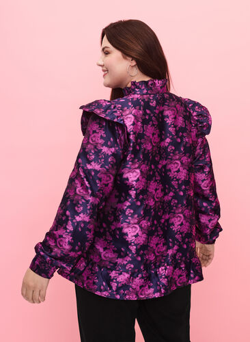 Floral jacquard blouse with ruffle details, Dark Blue Pink, Model image number 1