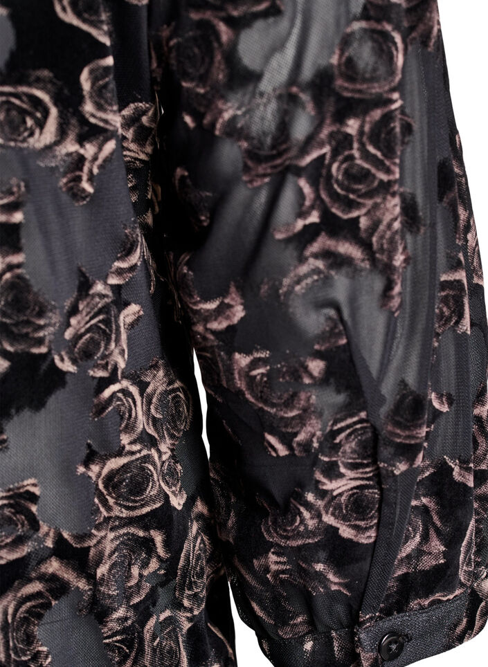 Mesh blouse with velour roses and 3/4 sleeves, Black, Packshot image number 3