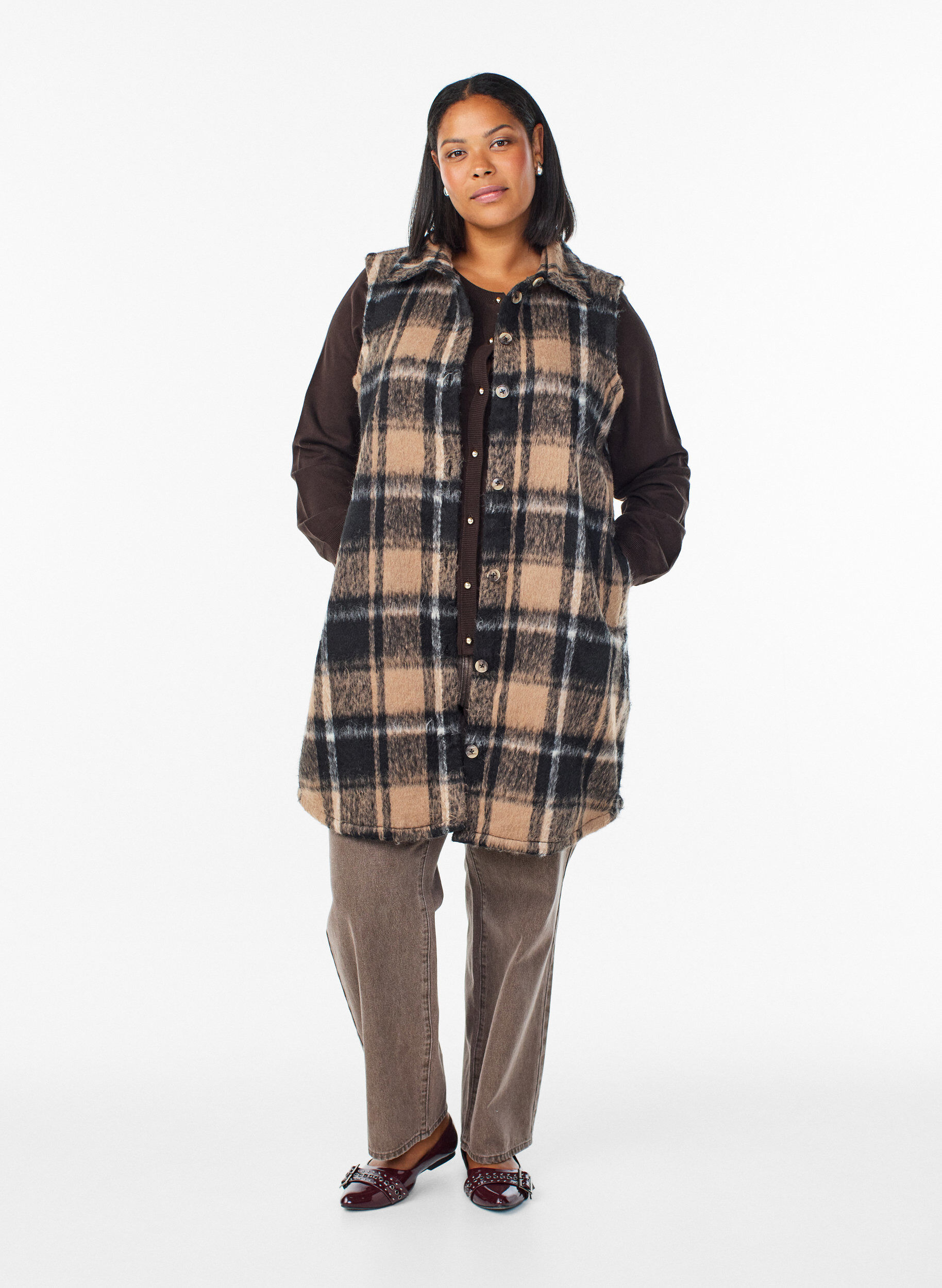Zizzifashion Long checked vest in brushed quality, Brown, Model image number 1
