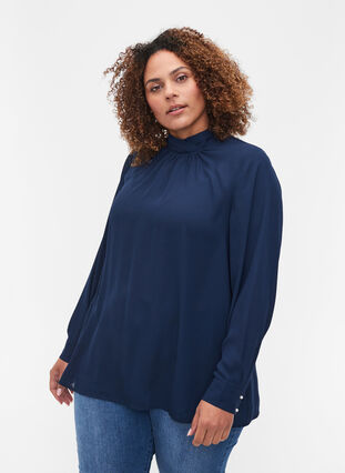 Long-sleeved high neck blouse, Navy Blazer, Model image number 0