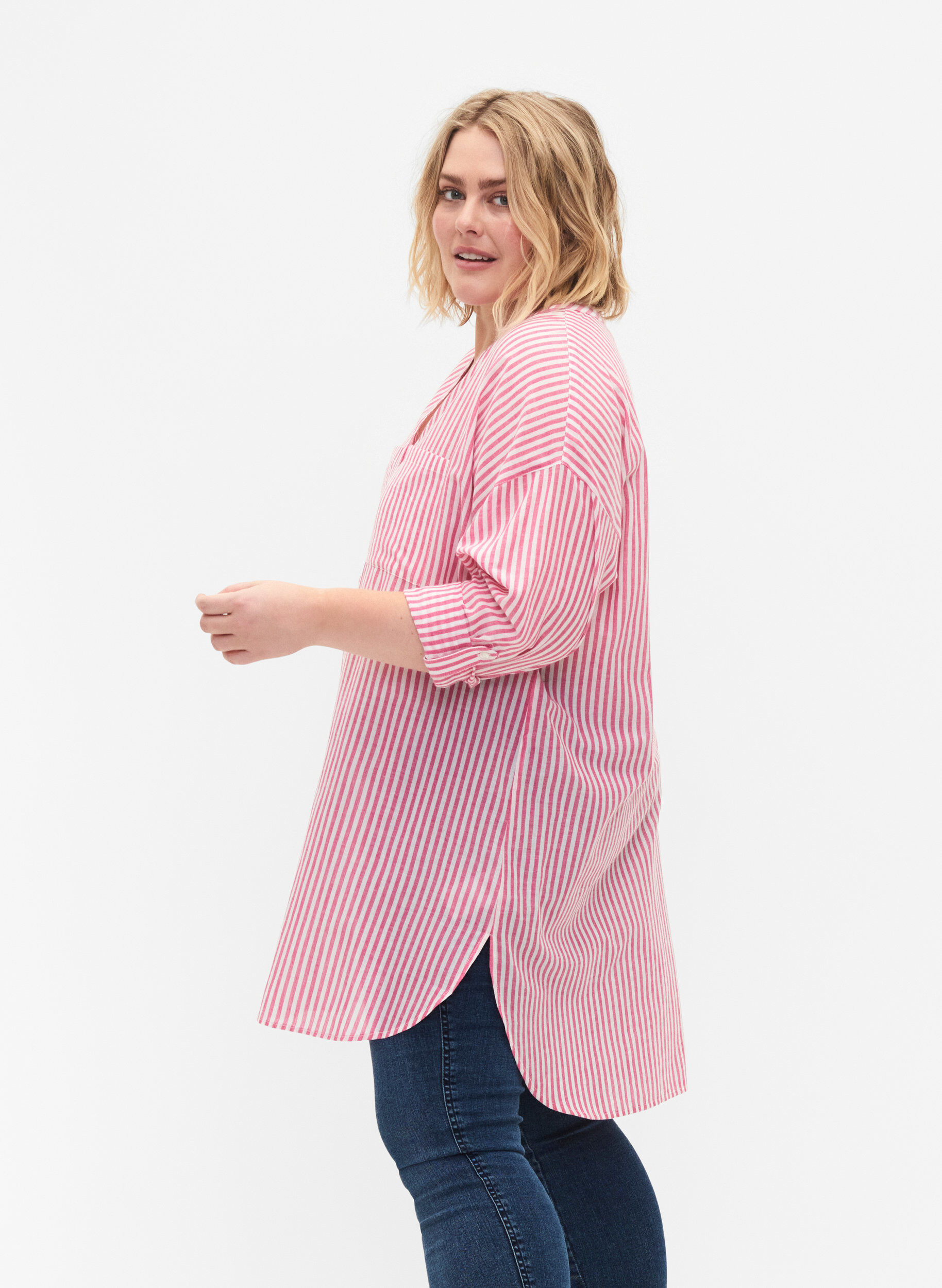 Zizzifashion Striped tunic with v neck and buttons, Beetroot Stripe, Model image number 2
