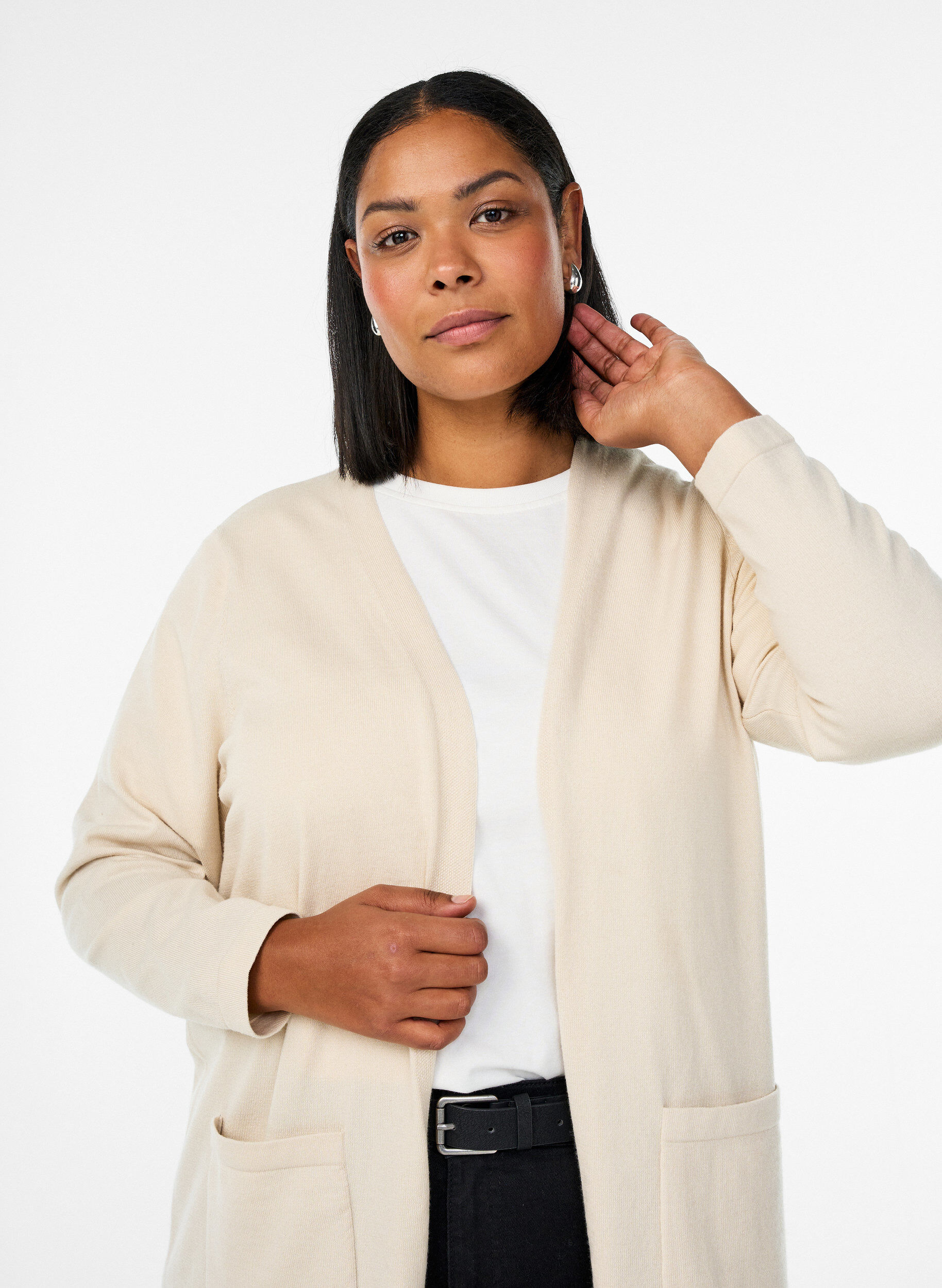 Zizzifashion FLASH - Long, open cardigan with pockets, Beige, Model image number 2