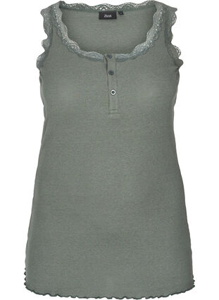 Ribbed tank top with lace and buttons, Balsam Green, Packshot image number 0