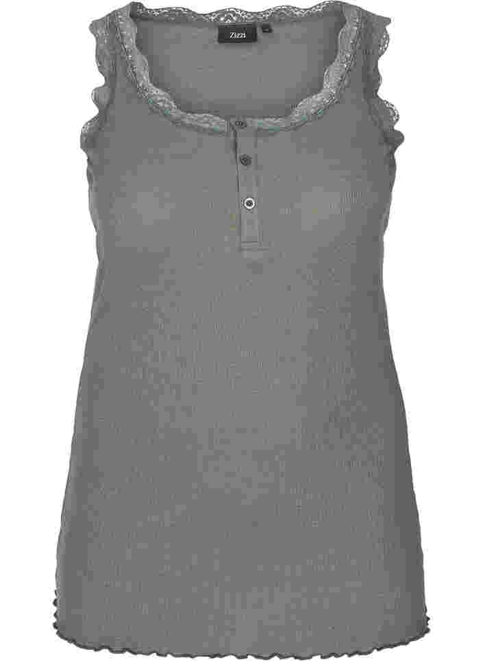 Ribbed tank top with lace and buttons, Balsam Green, Packshot image number 0