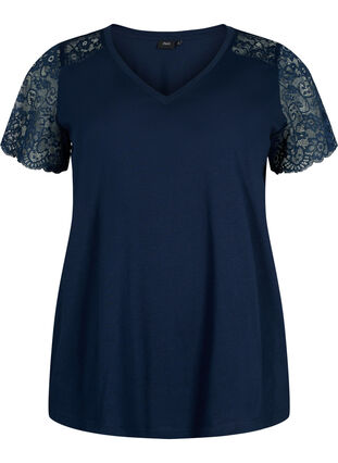 Cotton t-shirt with short lace sleeves, Navy Blazer, Packshot image number 0