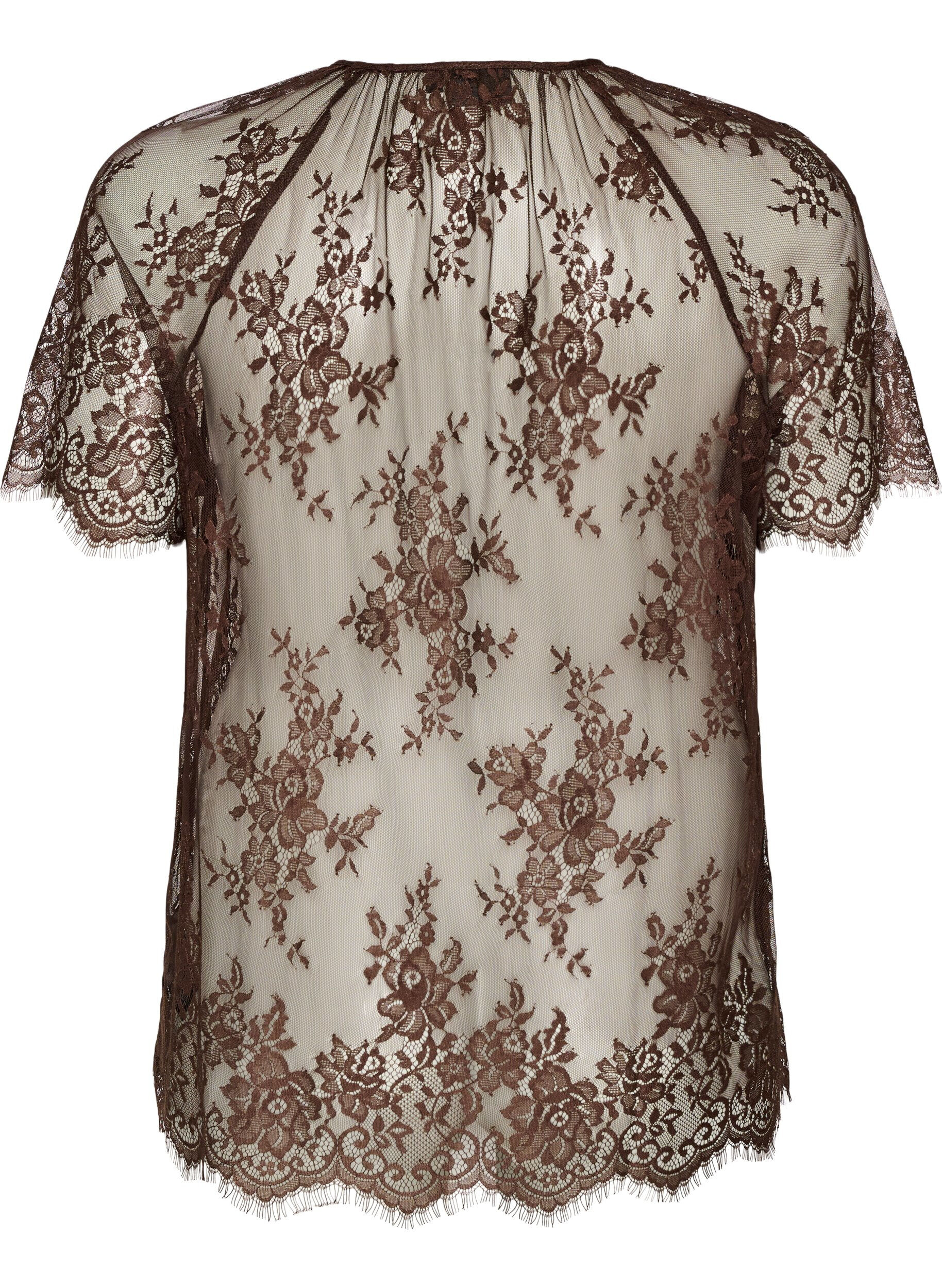 ZizzifashionShort-sleeved lace blouse with tie-fastening, Brown, Packshot image number 1
