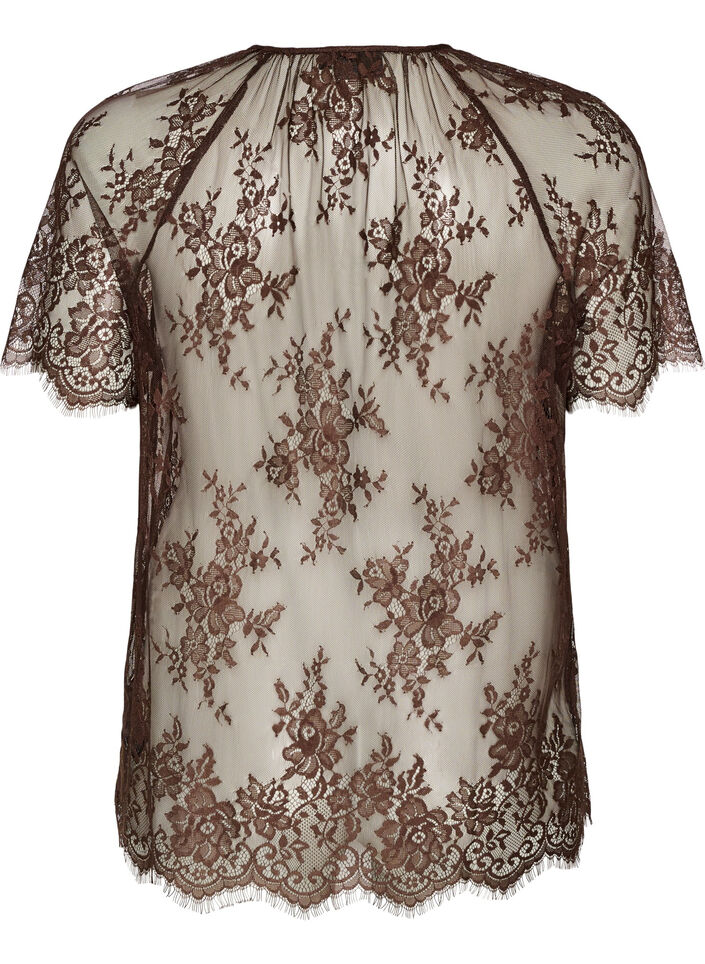 Short-sleeved lace blouse with tie-fastening, Brown, Packshot image number 1