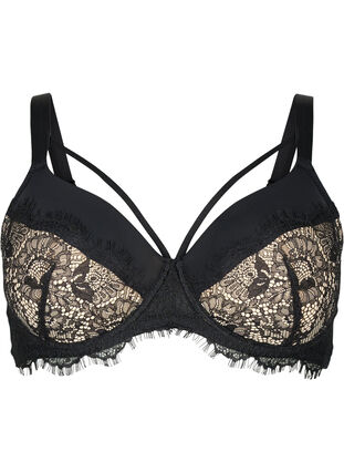 Padded bra with lace and string, Black, Packshot image number 0