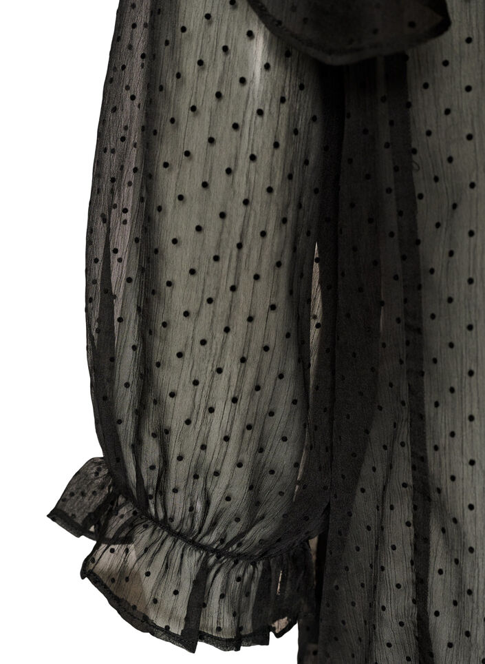 Sheer shirt blouse with dots and ruffle details, Black, Packshot image number 3