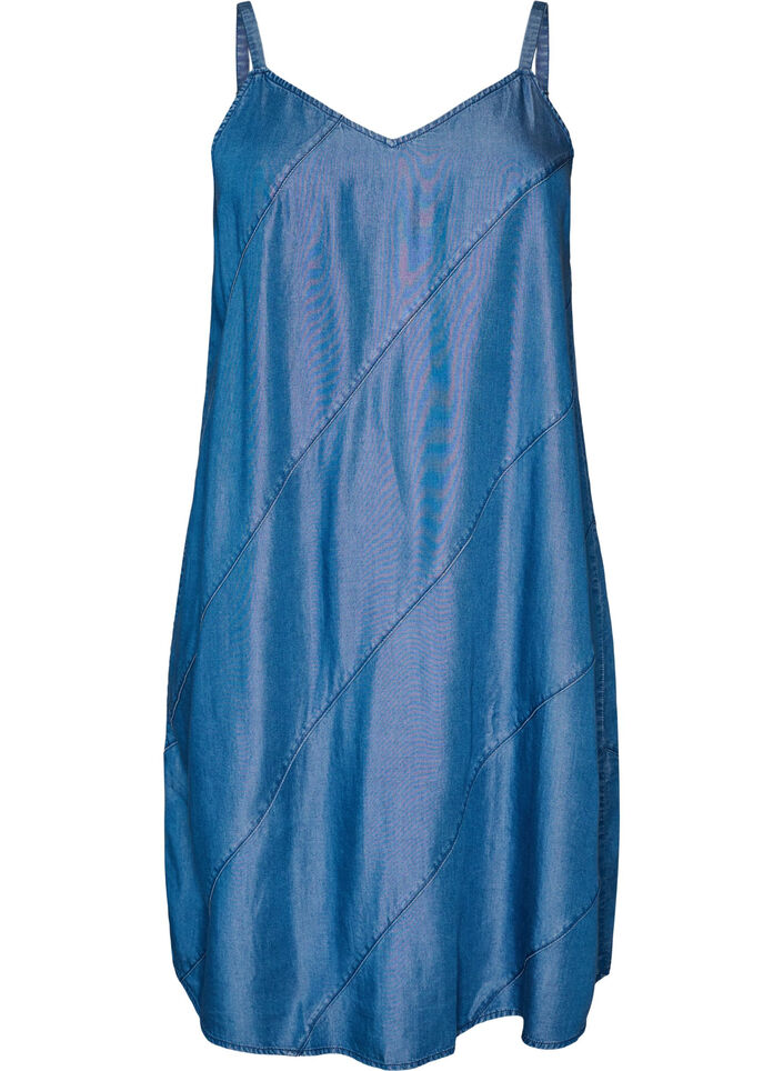 Denim-look dress in TENCEL&trade; Lyocell with straps, Blue, Packshot image number 0