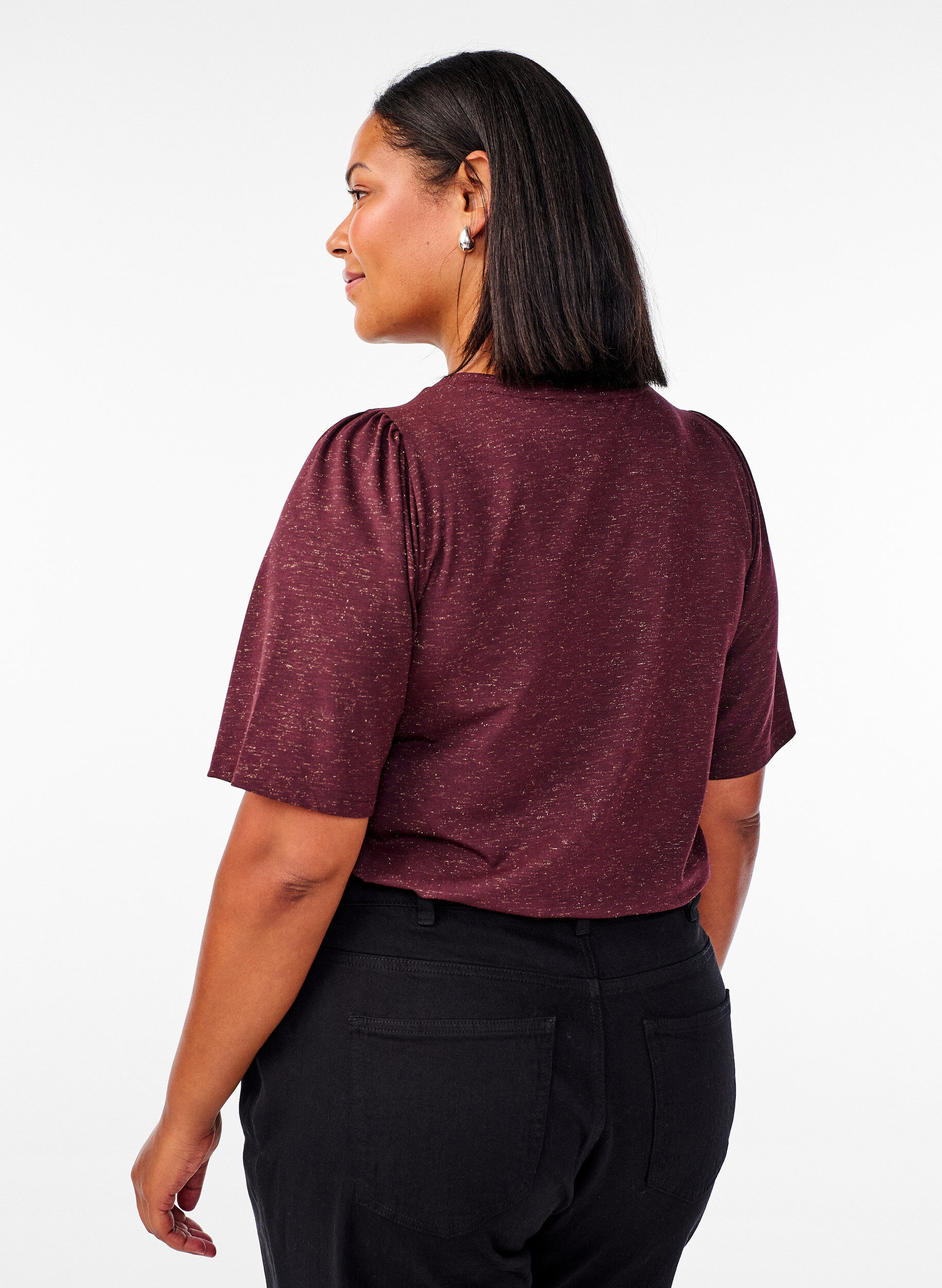 Zizzifashion T-shirt with glitter and short puff sleeves, Dark Bordeaux, Model image number 2