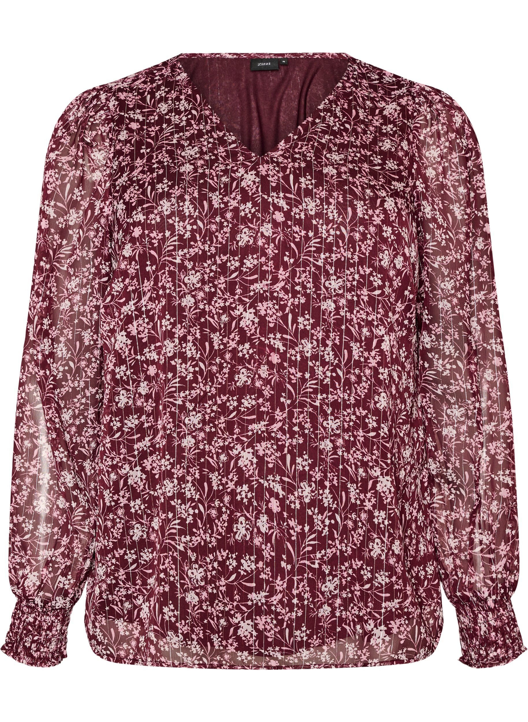 Blouse with floral print and glitter thread