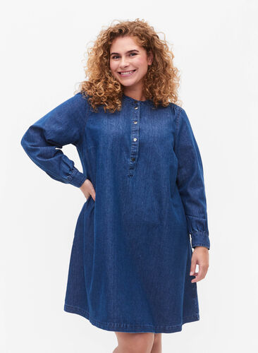 Long sleeve denim dress, Blue denim, Model image number 0