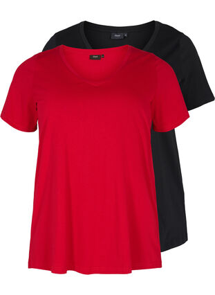 2-pack basic cotton t-shirt, Tango Red/Black, Packshot image number 0