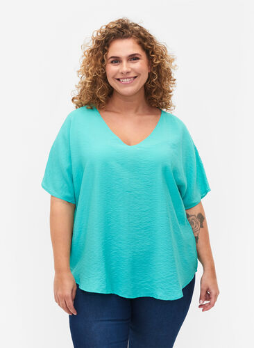 Short-sleeved viscose blouse with v-neck, Turquoise, Model image number 0