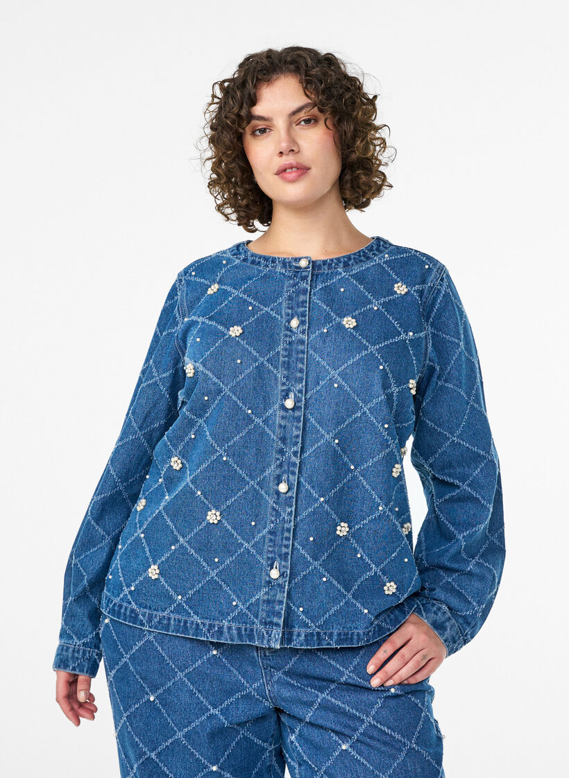 Denim shirt with destroyed pattern and pearl details, Light Blue, Model image number 0
