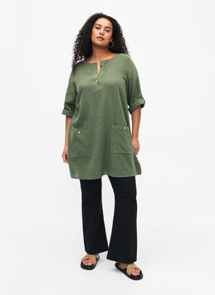 3/4 sleeve cotton blend tunic with linen, Thyme, Model image number 2