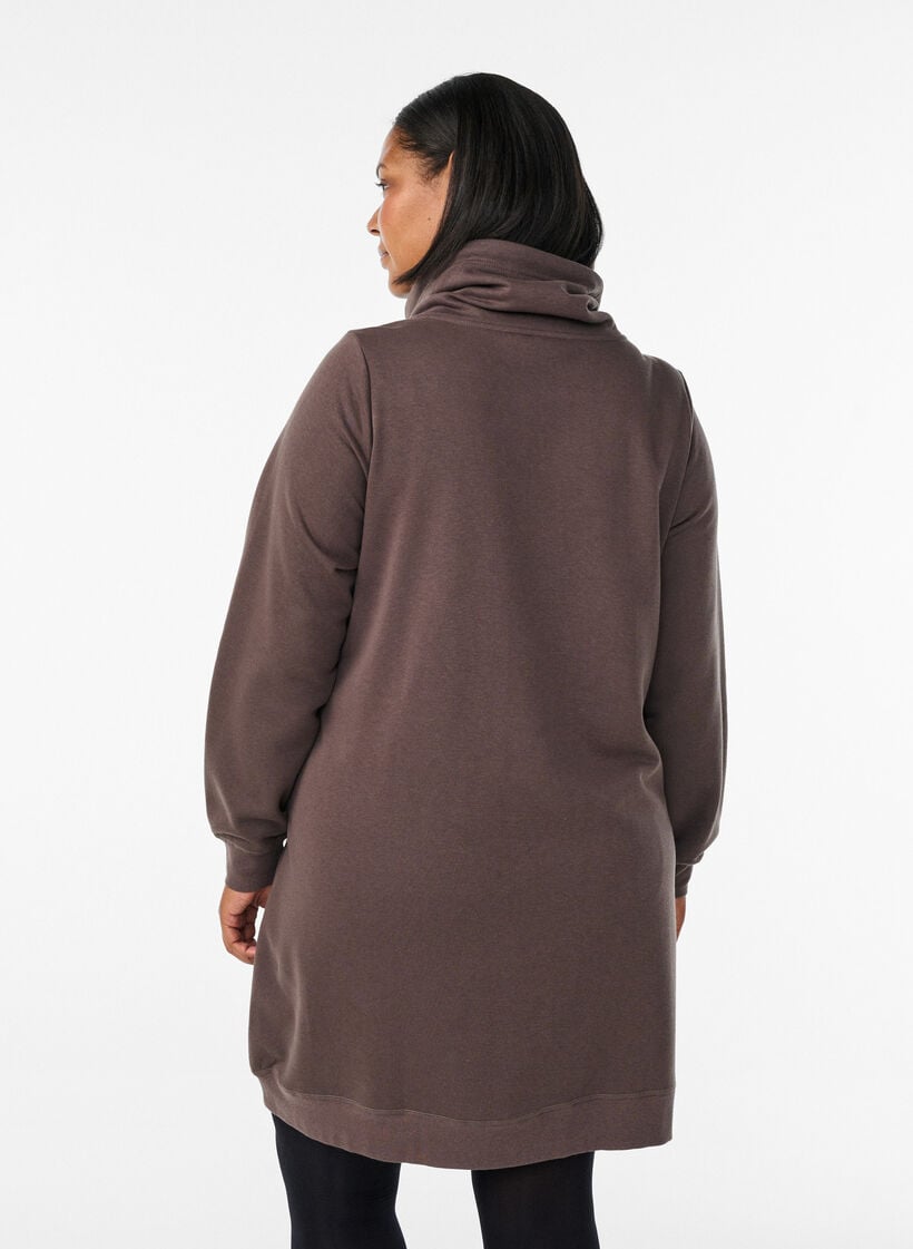 Short sweatshirt dress with high collar and pockets, Brown, Model image number 2