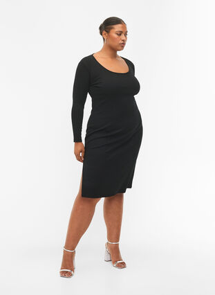 Tight-fitting dress with long sleeves and a slit, Black, Model image number 3