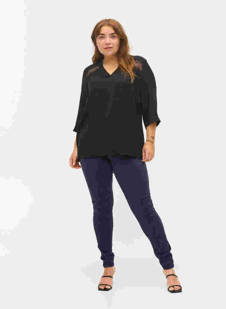 Viscose blouse with 3/4 sleeves and lace details, Black, Model image number 2