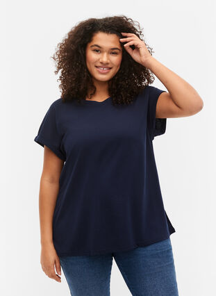Short sleeve cotton blend T-shirt, Navy Blazer, Model image number 0
