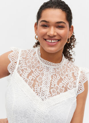 Sleeveless lace dress, Bright White, Model image number 2